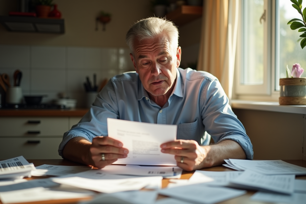 Homme stressé assis à une table avec des papiers et une lettre