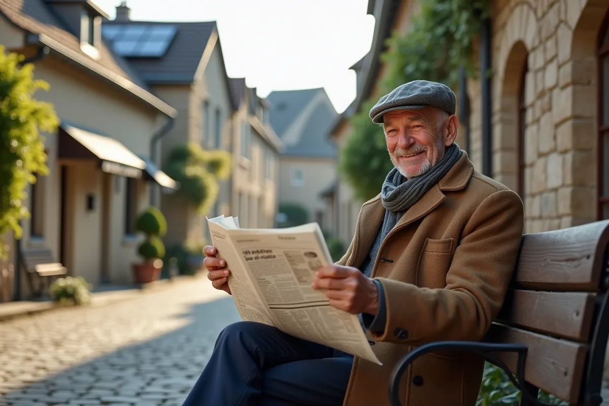 Homme âgé en manteau dans une place de village rural