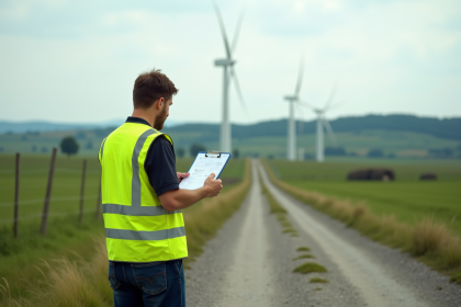 Inspecteur environnemental v&eacute;rifiant un parc &eacute;olien en plein air
