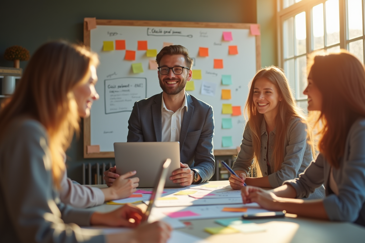 Jeune entrepreneur optimiste en coworking avec equipe en brainstorming