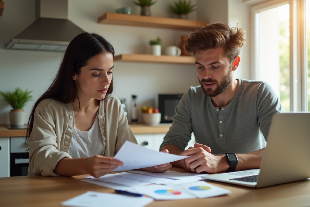 Jeune femme et homme examinant leurs finances à la maison