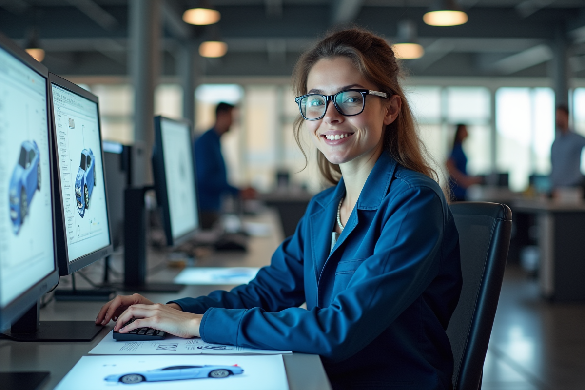 Ingénieure jeune travaillant sur ordinateur dans un bureau moderne