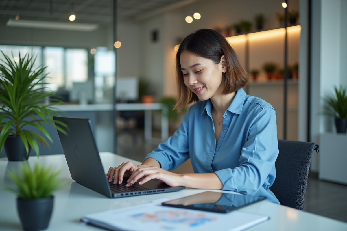 Jeune femme travaillant sur un ordinateur avec carte logistique