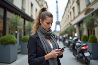 Jeune femme parisienne en blazer regardant son téléphone