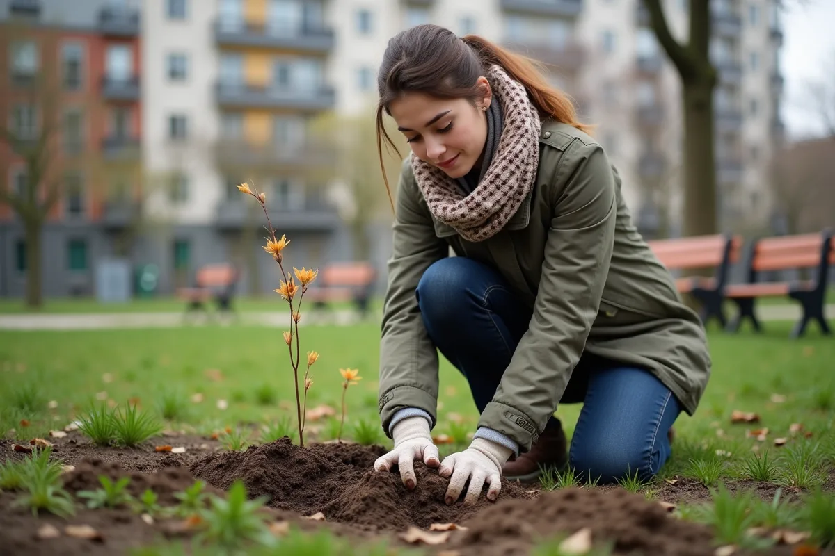 Jeune femme plantant des arbustes dans un parc urbain au printemps