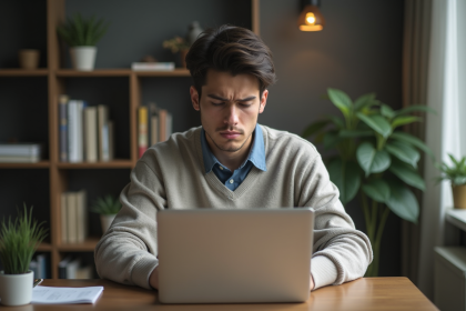 Jeune homme concentré dans son bureau à domicile