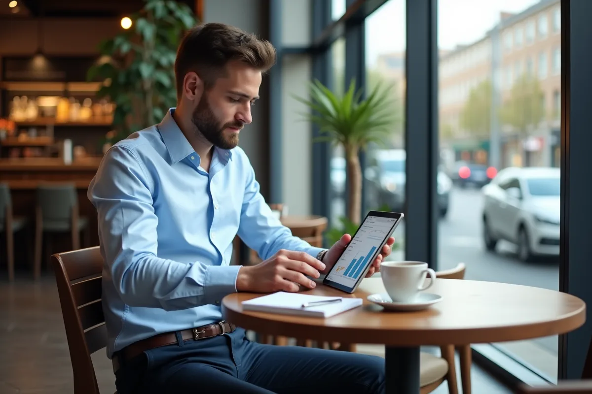 Jeune homme travaillant sur une tablette dans un café moderne