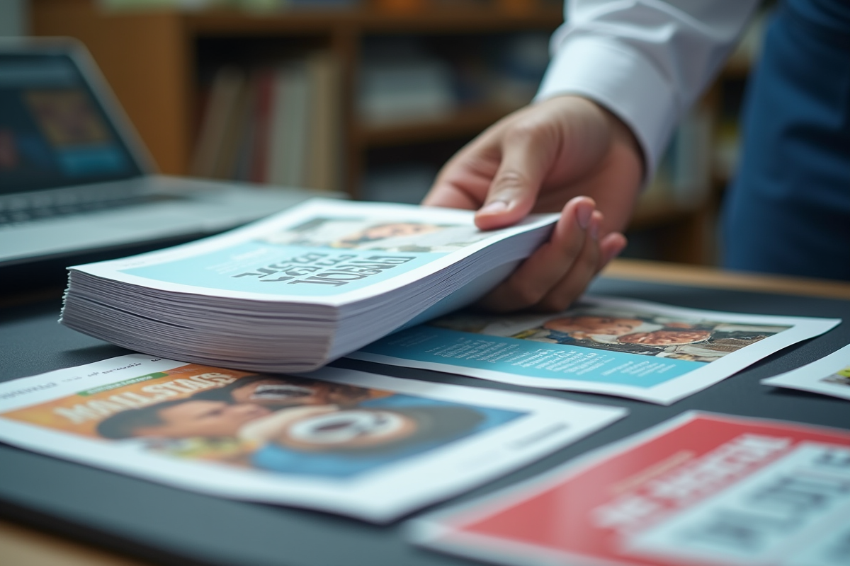 Main tenant des flyers imprimés avec échantillons de papier