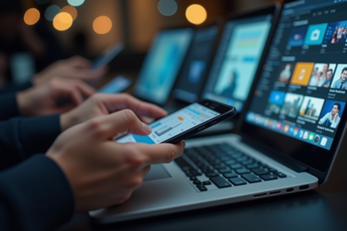 Mains tenant différents appareils numériques avec contenu en ligne visible