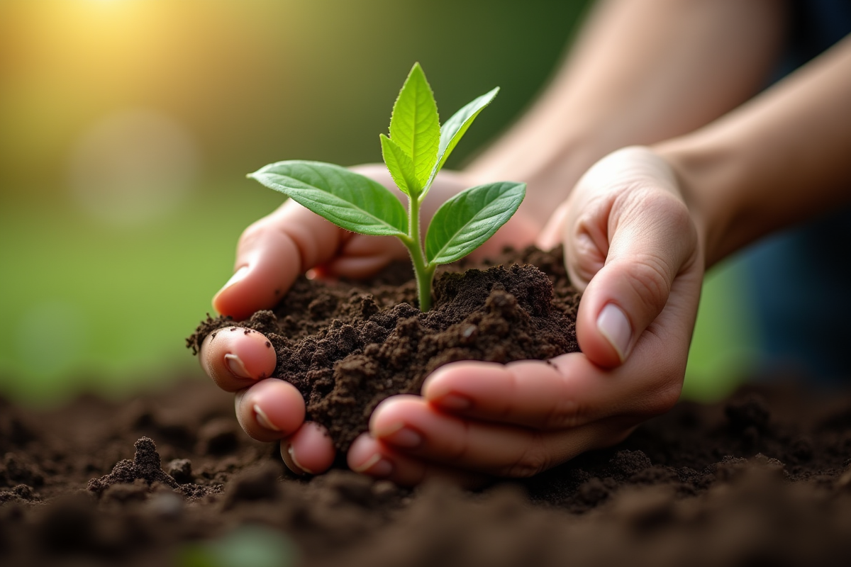 Mains tenant une jeune plante dans la terre riche