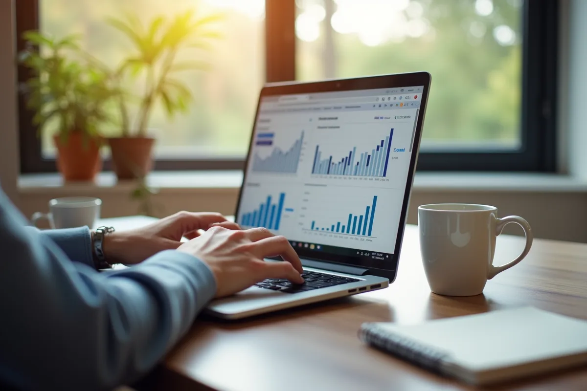Personne tapant sur un ordinateur avec graphiques marketing et salaire