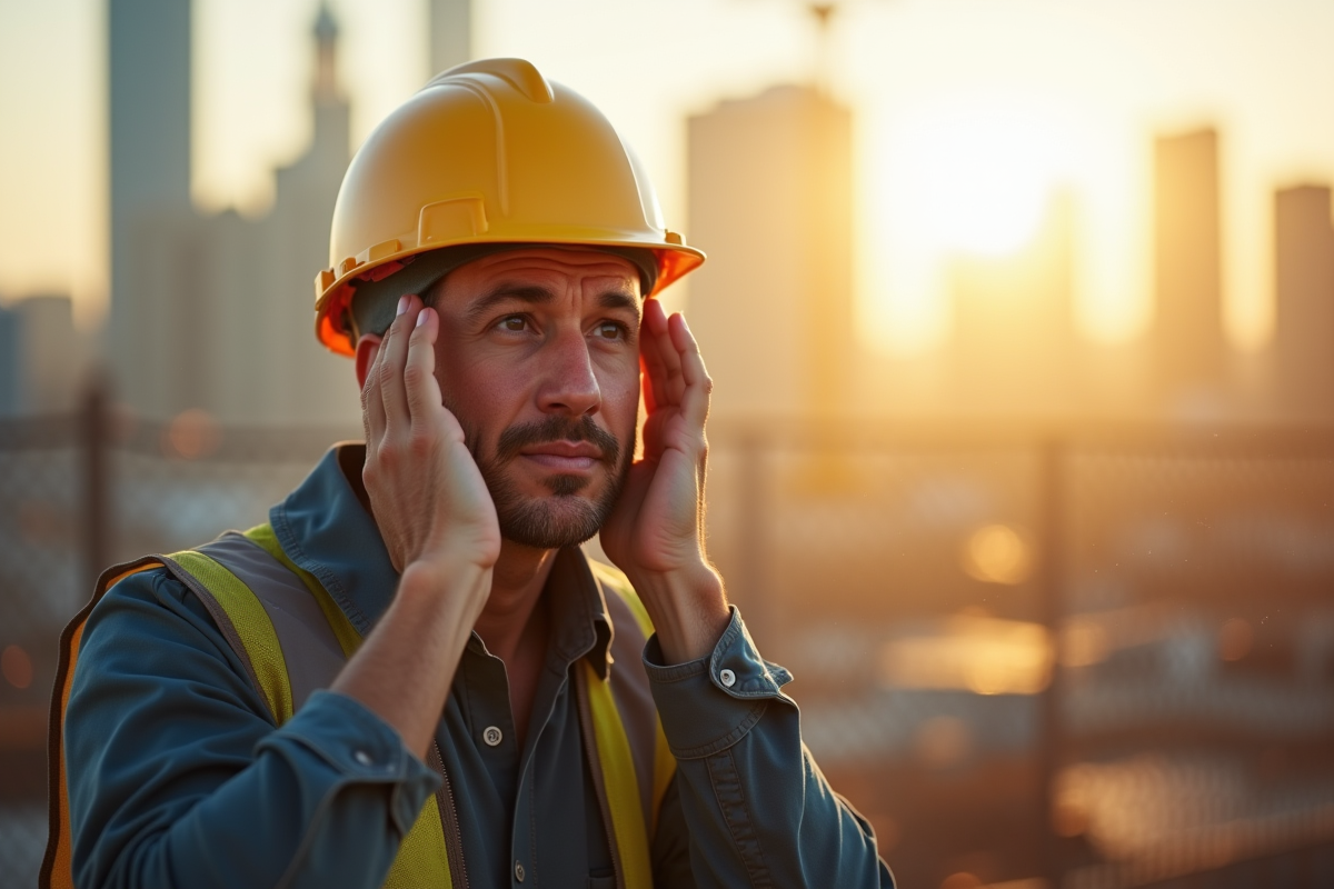 Ouvrier ajustant son casque sur un chantier en plein jour