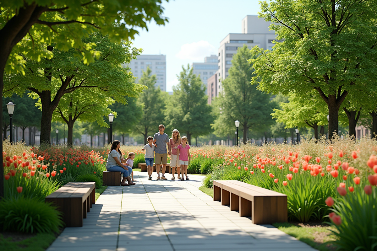 Parc urbain avec sculptures et bancs recyclés en plein jour