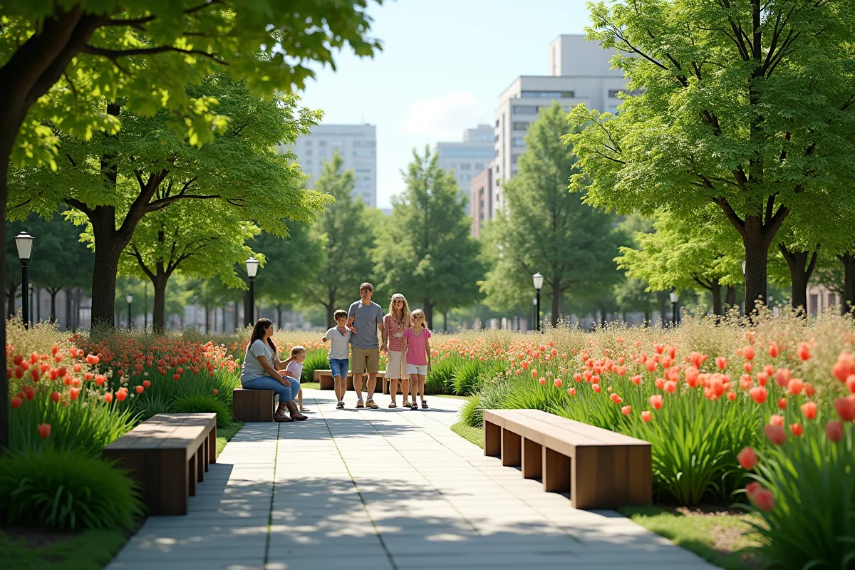 Parc urbain avec sculptures et bancs recyclés en plein jour