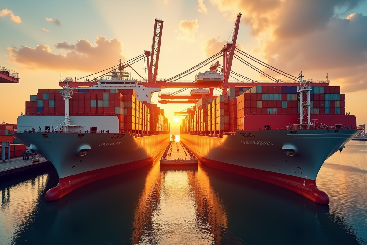Port de commerce au lever du soleil avec cargos colorés