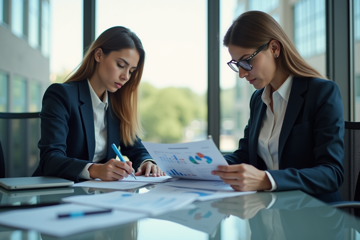Deux professionnels en réunion dans un bureau moderne