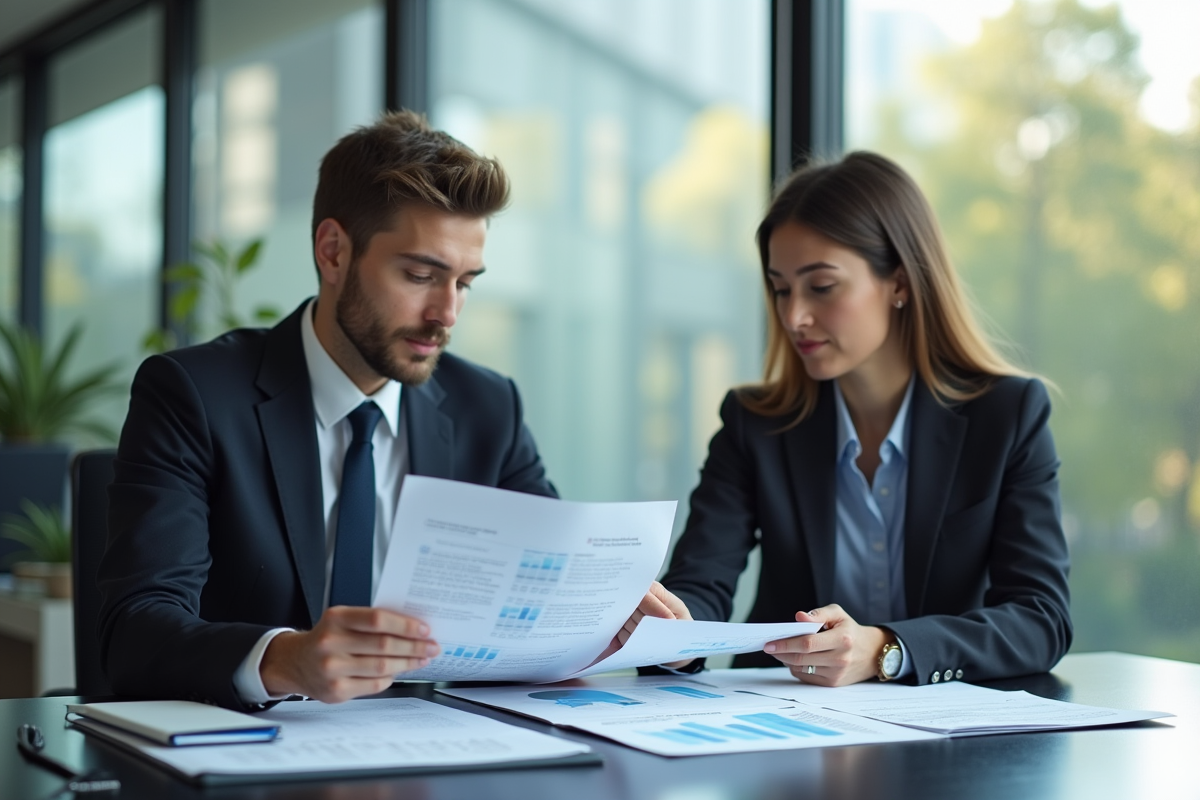 Deux professionnels en réunion dans un bureau moderne