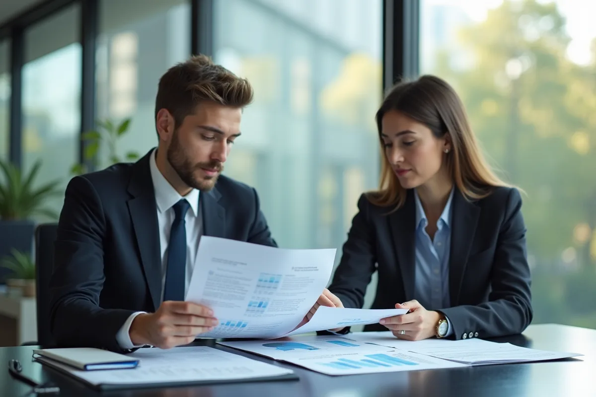 Deux professionnels en réunion dans un bureau moderne