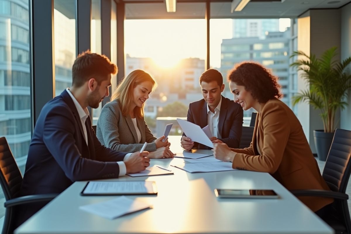 Quatre professionnels collaborent autour d'une table moderne
