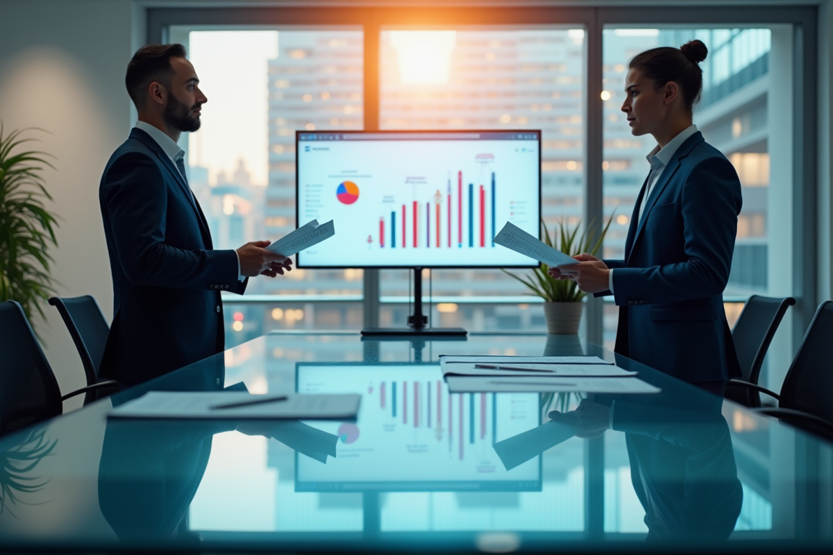 Deux professionnels avec documents dans un espace de travail contemporain