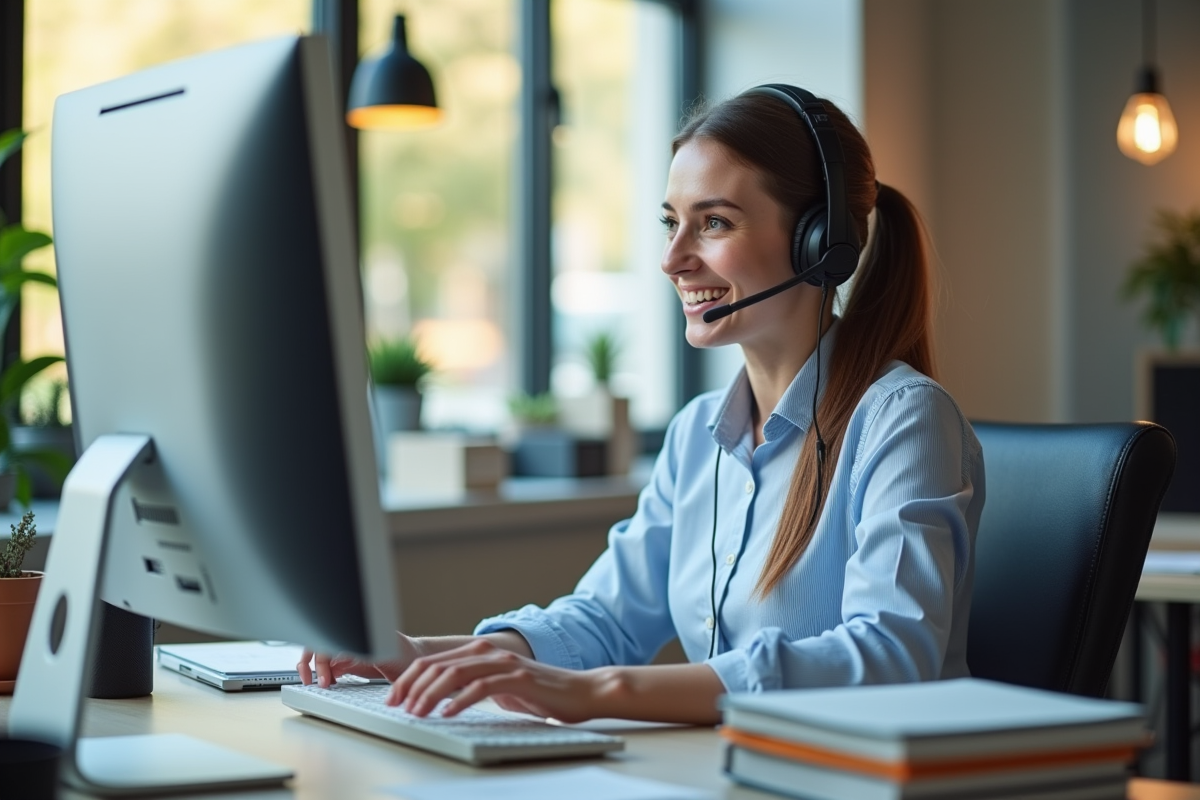 Représentant service client souriant au bureau lumineux