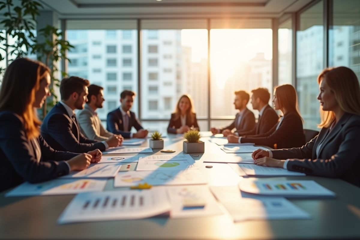 Réunion d'affaires dans un bureau lumineux avec équipe