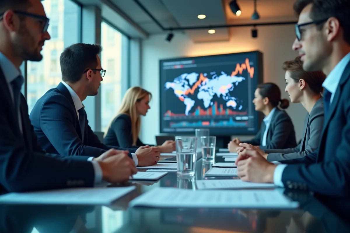 Professionnels en réunion analysant des données économiques