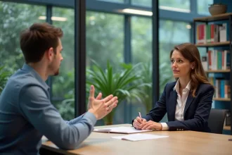 Femme et jeune homme en réunion dans un bureau moderne