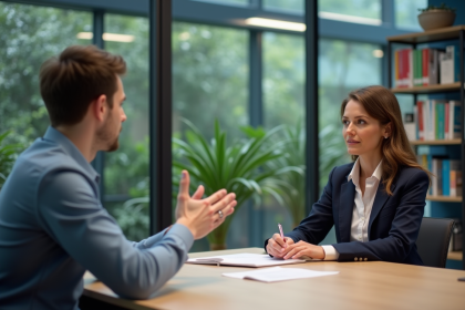 Femme et jeune homme en réunion dans un bureau moderne