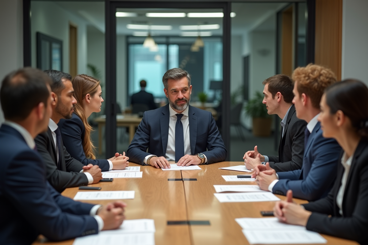 Professionnels en discussion dans une salle de réunion