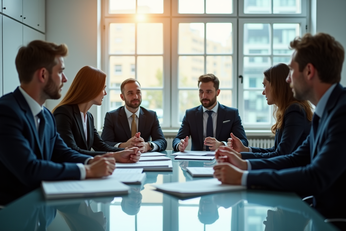 Professionnels en réunion dans un bureau lumineux et moderne
