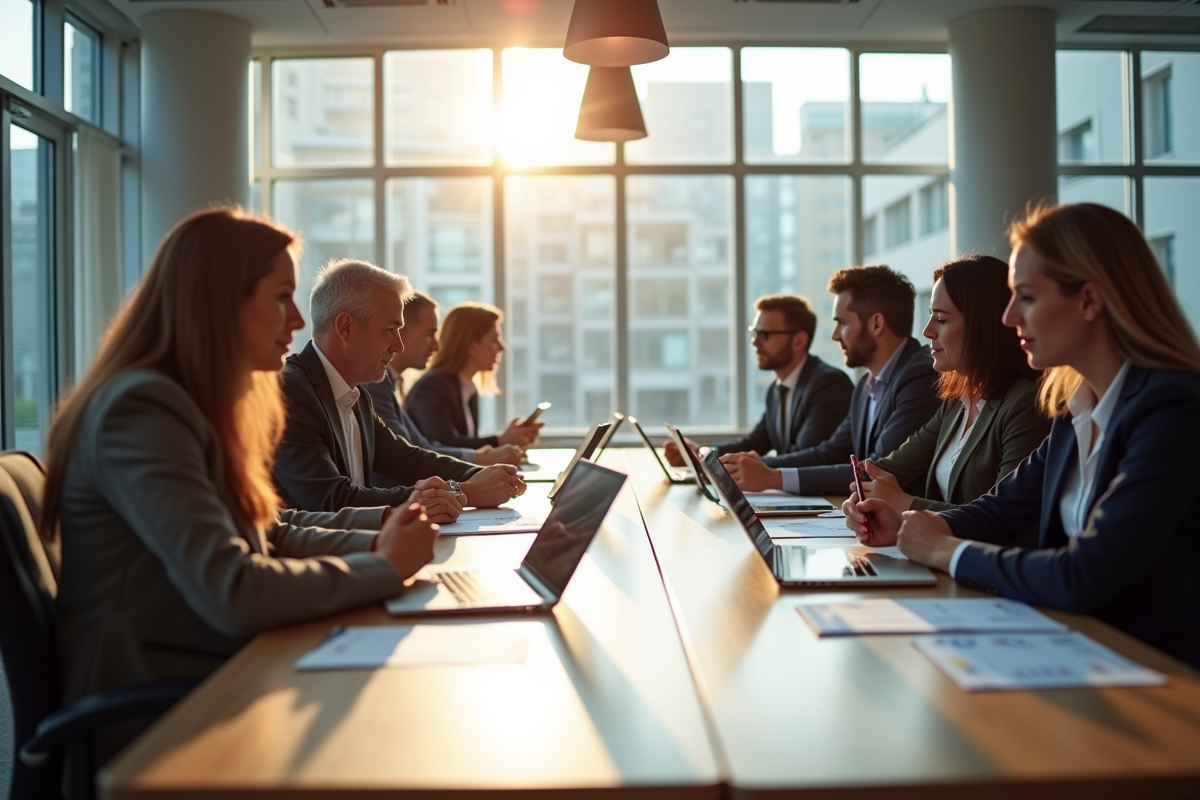 Groupe de professionnels en réunion dans un bureau moderne