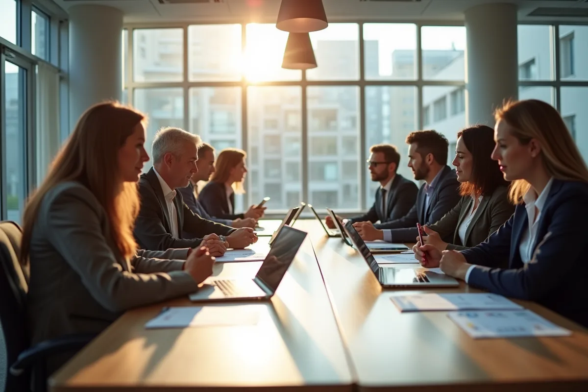 Groupe de professionnels en réunion dans un bureau moderne