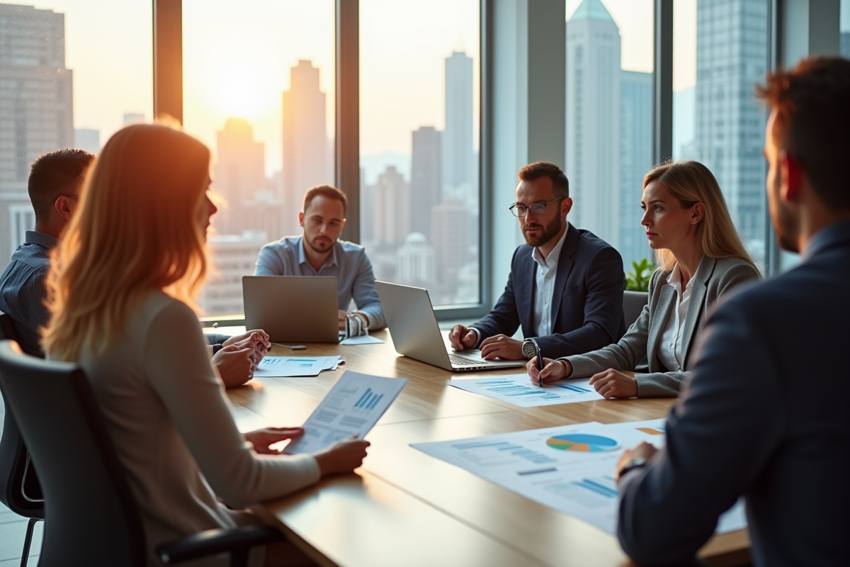 Groupe de professionnels en réunion dans un bureau lumineux