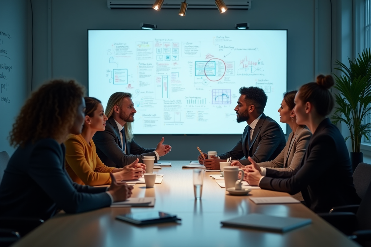 Equipe diverse en réunion stratégie autour d