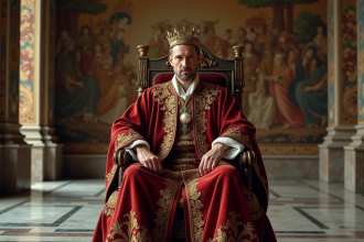 Souverain assis sur un trone dans un palais ancien