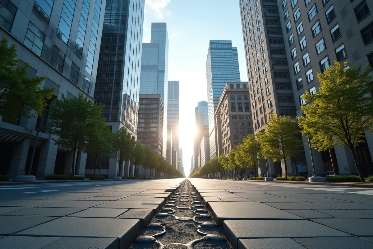 Rue urbaine divisée par une fissure avec gratte-ciel futuristes et vieux bâtiments