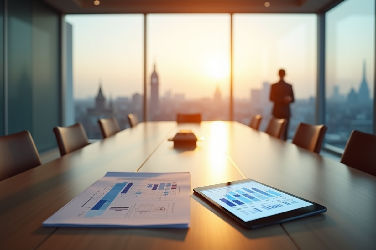 Salle de réunion vide avec skyline européen et documents sur l