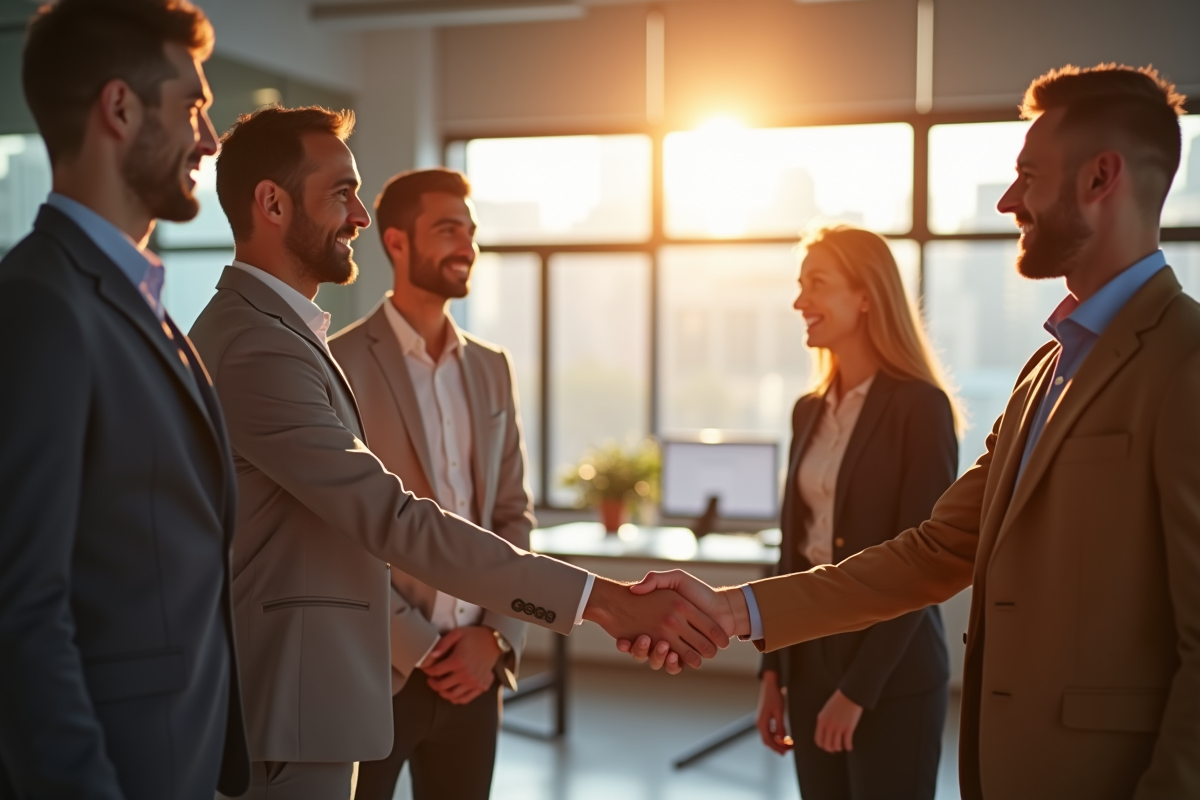 Groupe diversifié se serrant la main dans un bureau lumineux