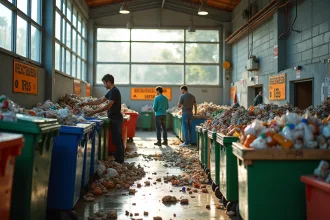 Groupe de personnes triant des déchets recyclables dans un centre moderne