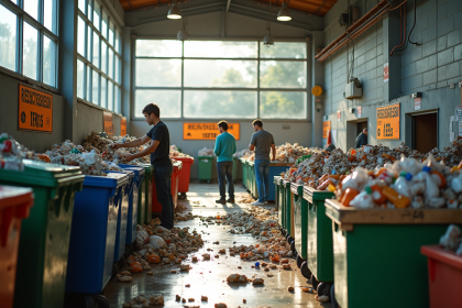 Groupe de personnes triant des déchets recyclables dans un centre moderne