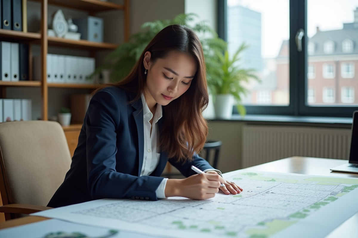 Jeune urbaniste analysant une carte dans une salle de réunion
