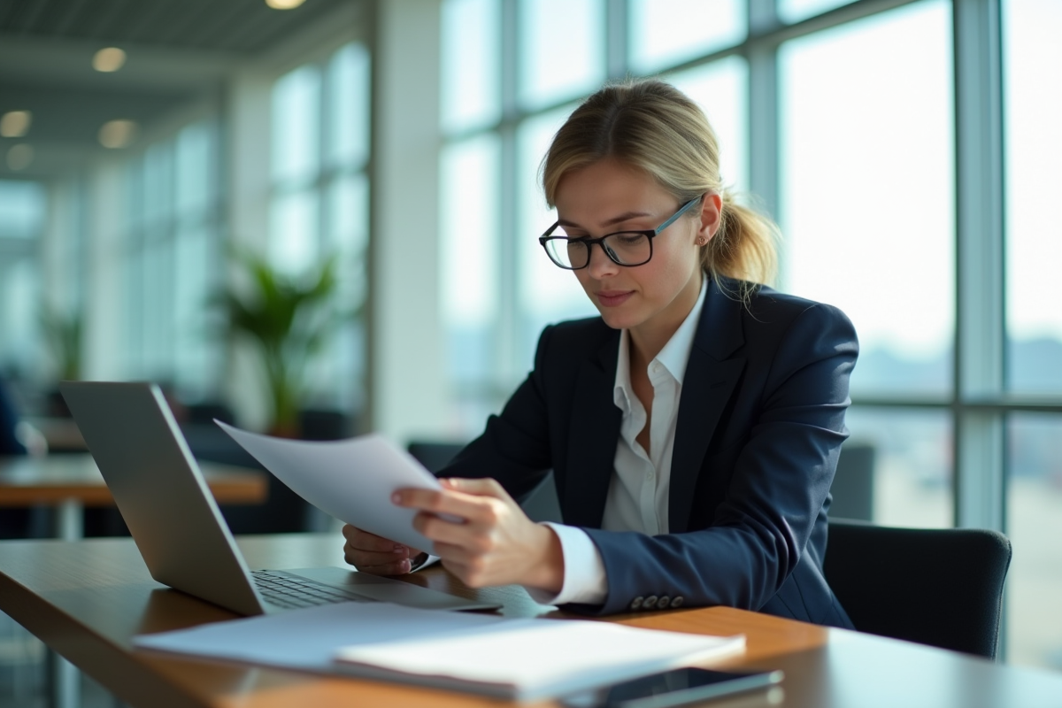 Professionnel en voyage d'affaires vérifiant documents et tablette