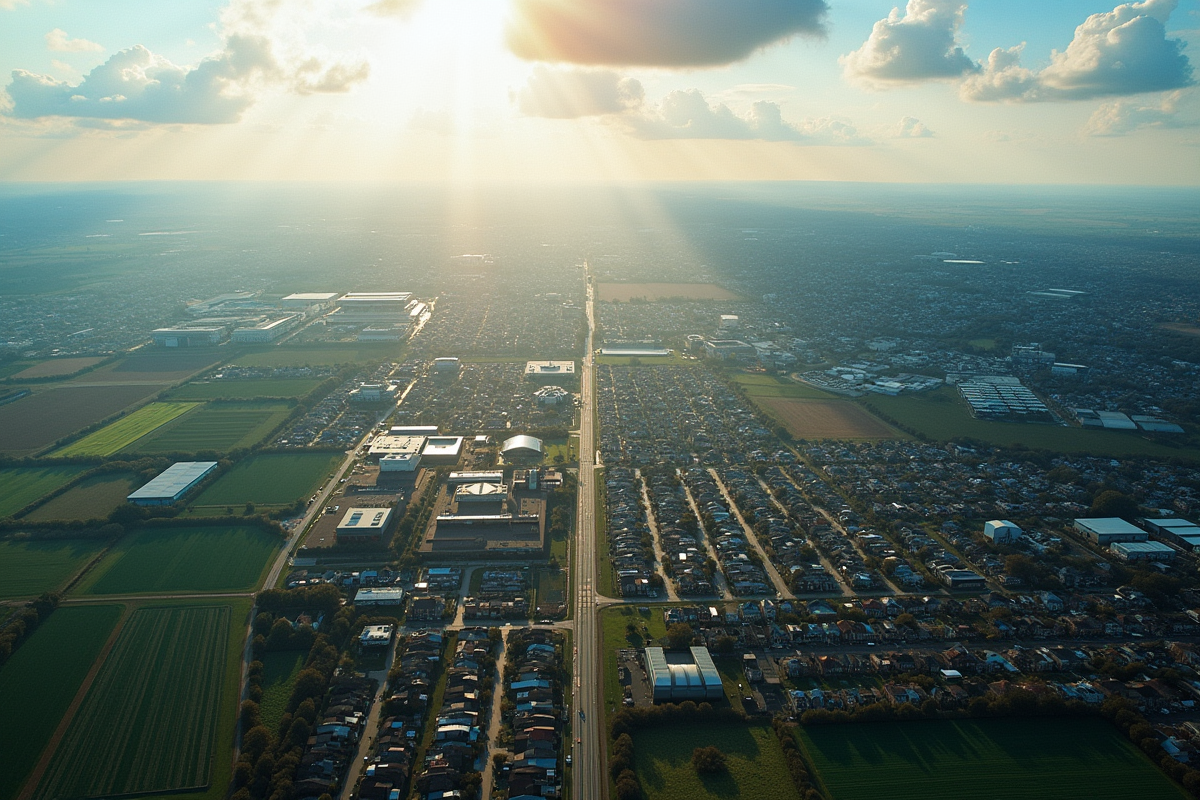 Vue aérienne d une ville avec zones industrielles et agricoles